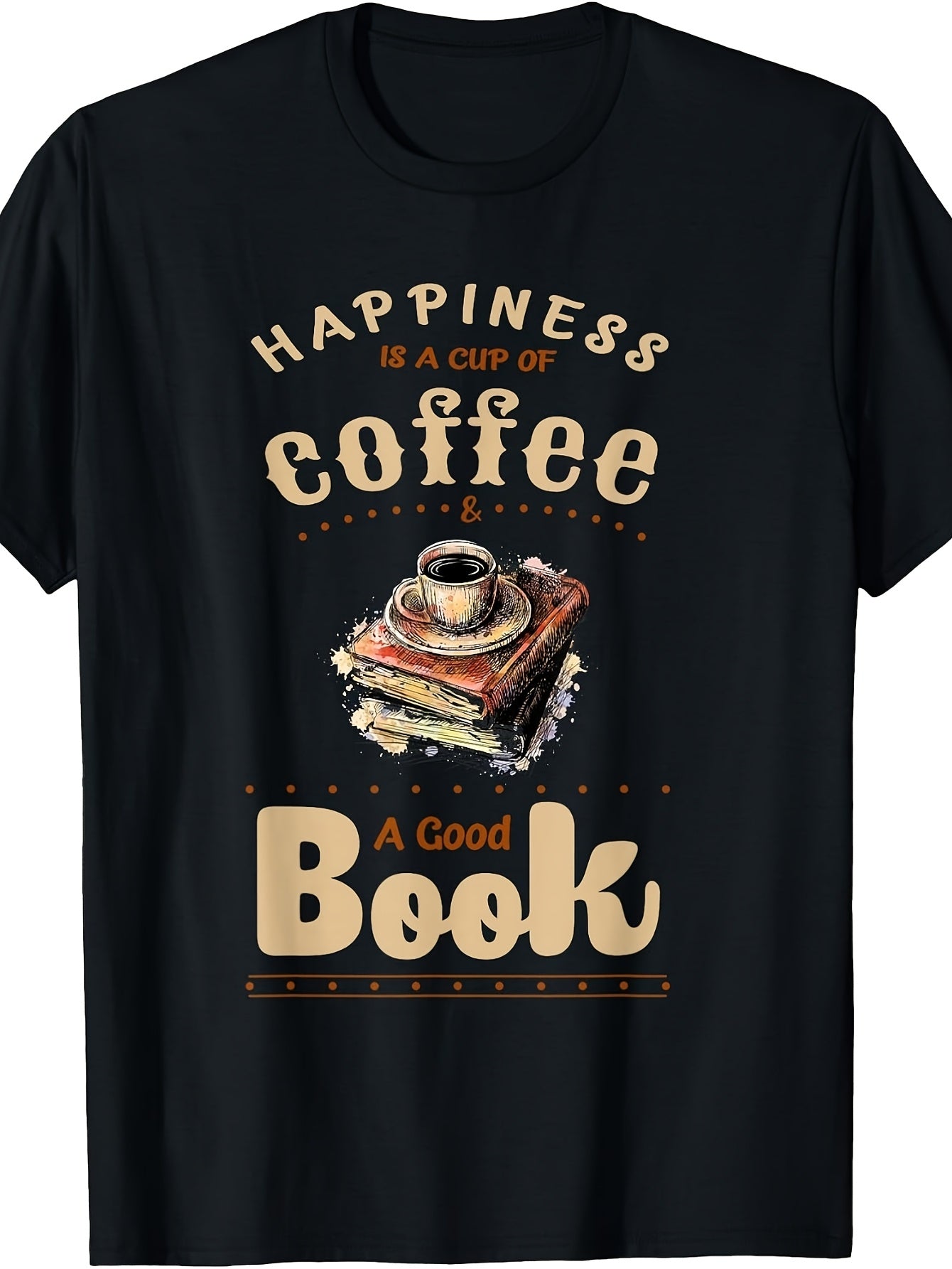 Men'S And Women'S T-Shirt, Vintage Retro Style, Happiness Is a Cup of Coffee And a Good Book Quote with Books Illustration, Casual Daily Wear Season