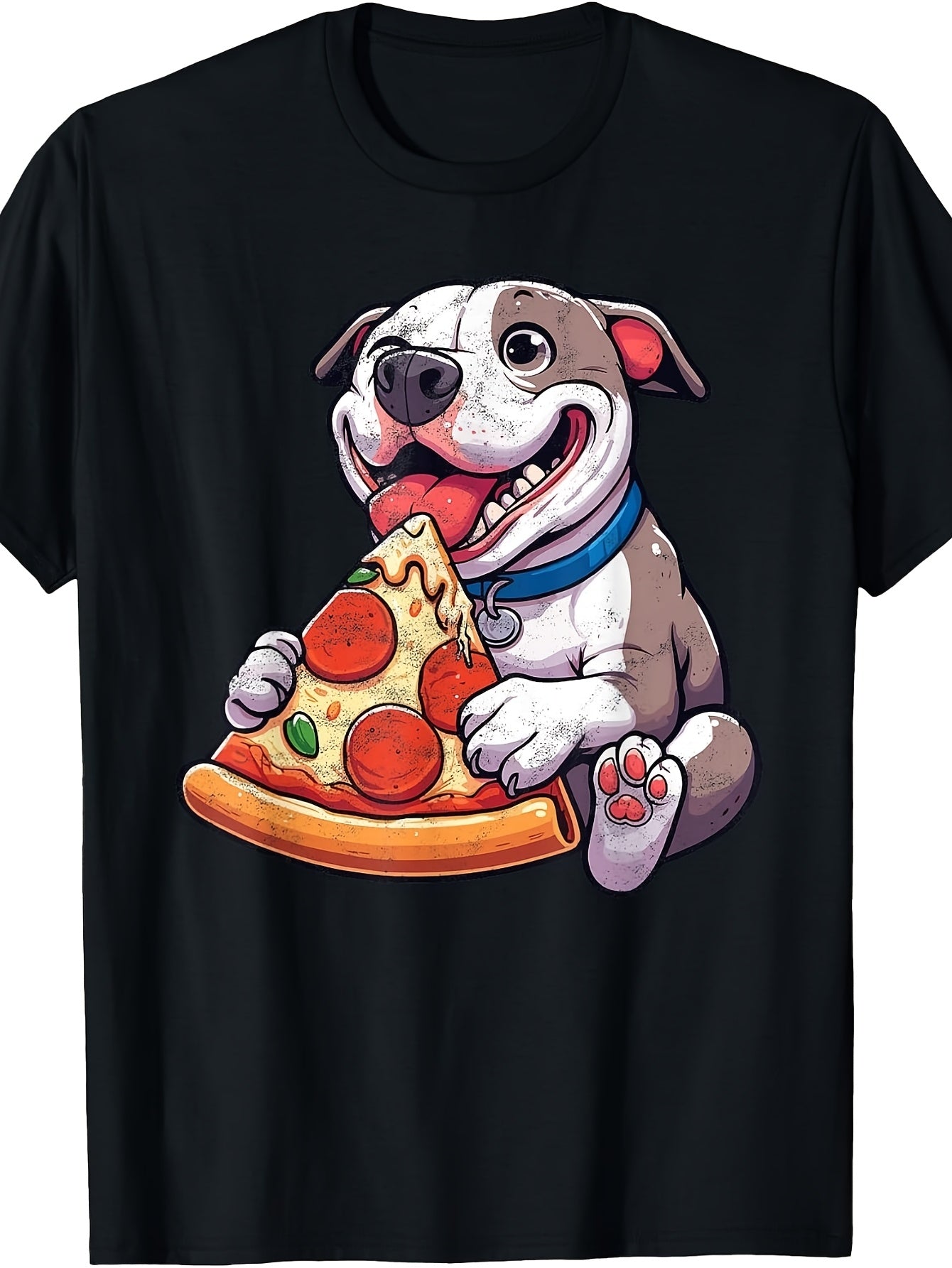 Men's & Women's Retro Pizza Slice T-Shirt - Cute Dog Eating Pizza Design, Round Neck Casual Tee Suitable for -Season Wear, Machine Washable Apparel with Pizza-Themed Graphic