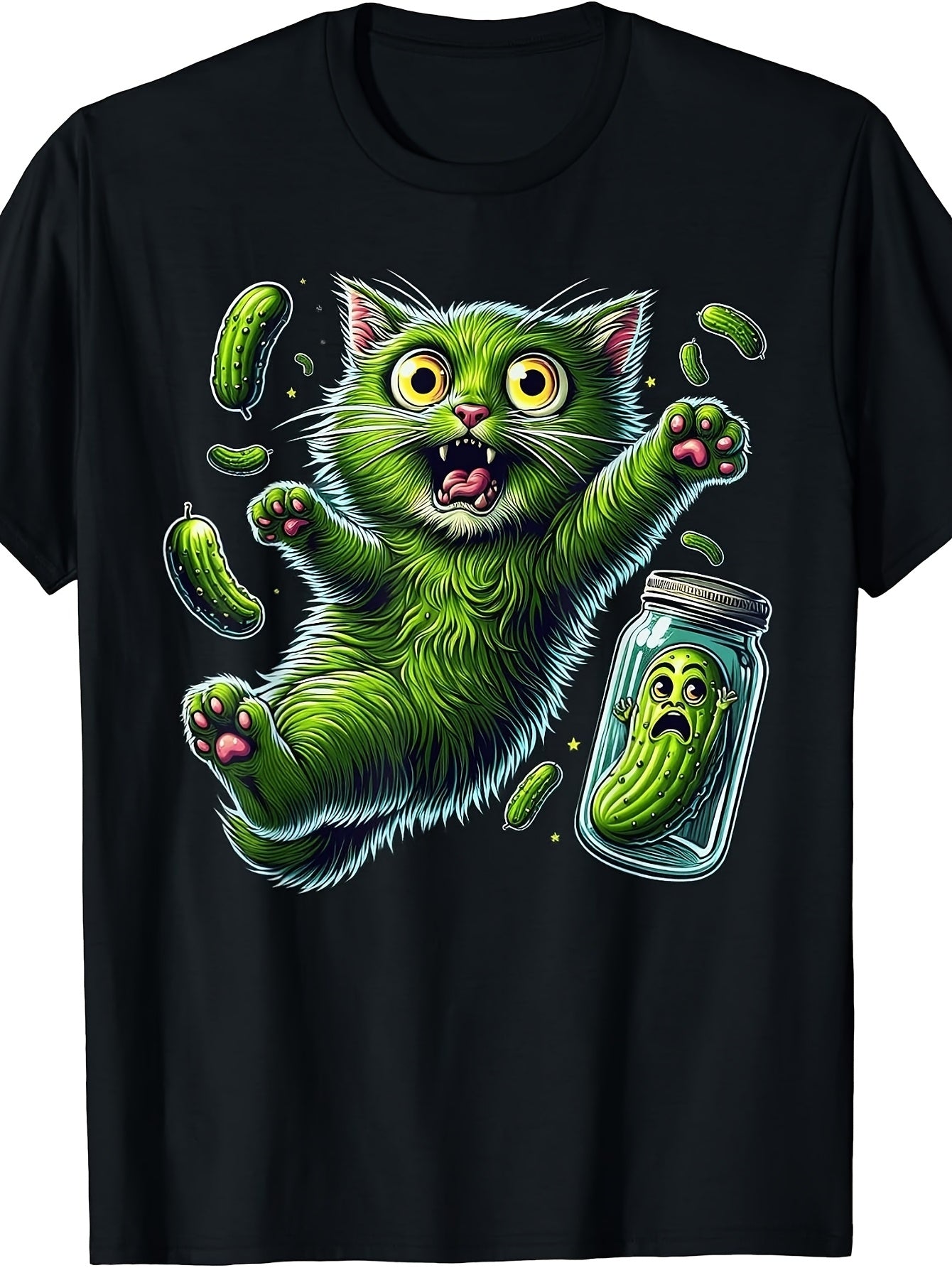 Men's & Women's Funny Green Cat Scared of Pickles T-Shirt - Retro Anime Suitable for - Casual Wear, Machine Washable Round Neck Tee with Floating Cucumber Jar Graphic, Kitten for Themed Outfits