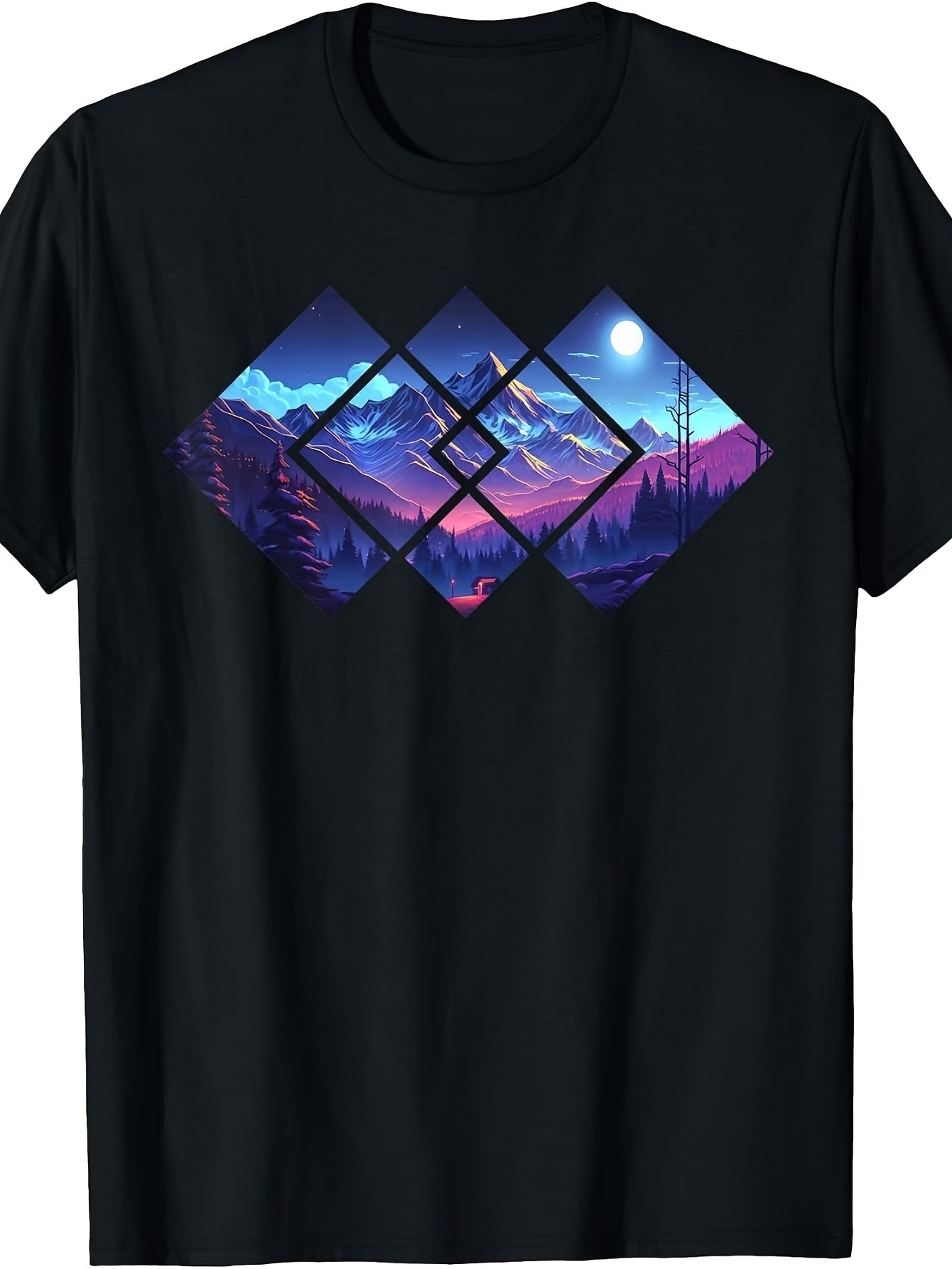 Unisex, Geometric Mountain Landscape, T-Shirt, Purple Blue Neon Art, Crew Neck, Casual Wear