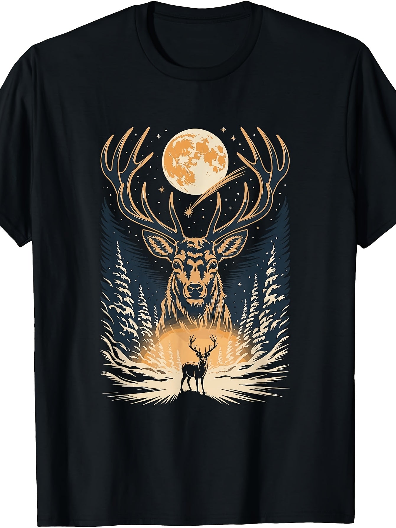 Men's & Women's Mystical Deer and Moon T-Shirt - Retro Forest Wildlife Round Neck Tee, Suitable for Outdoor Camping Hiking Fall Winter Wear, Machine Washable Deer & Moon Graphic Design for Casual and Seasonal Apparel