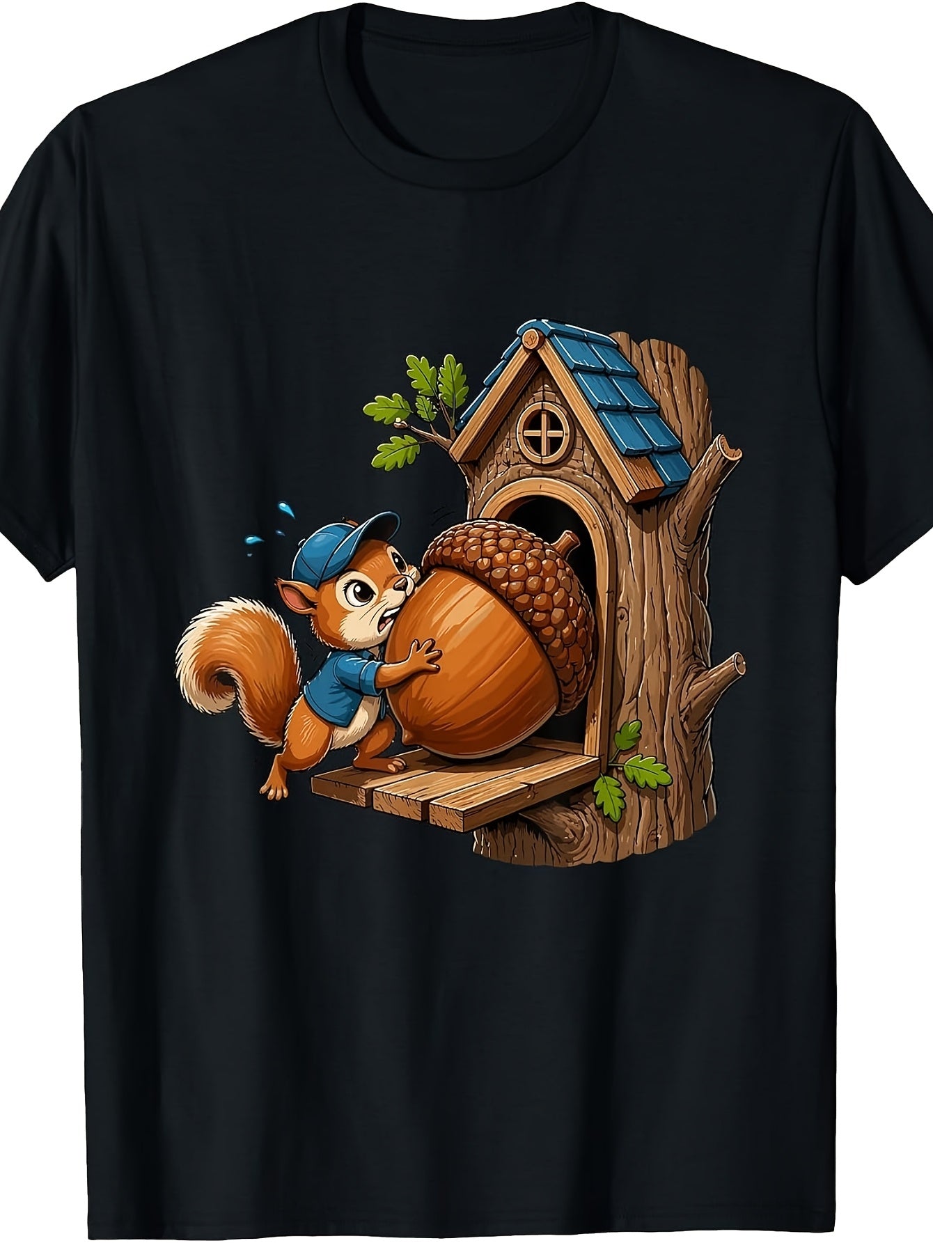 Cute, Squirrel Acorn House, T-Shirt, Cartoon Animal Print, Crew Neck, Casual Wear