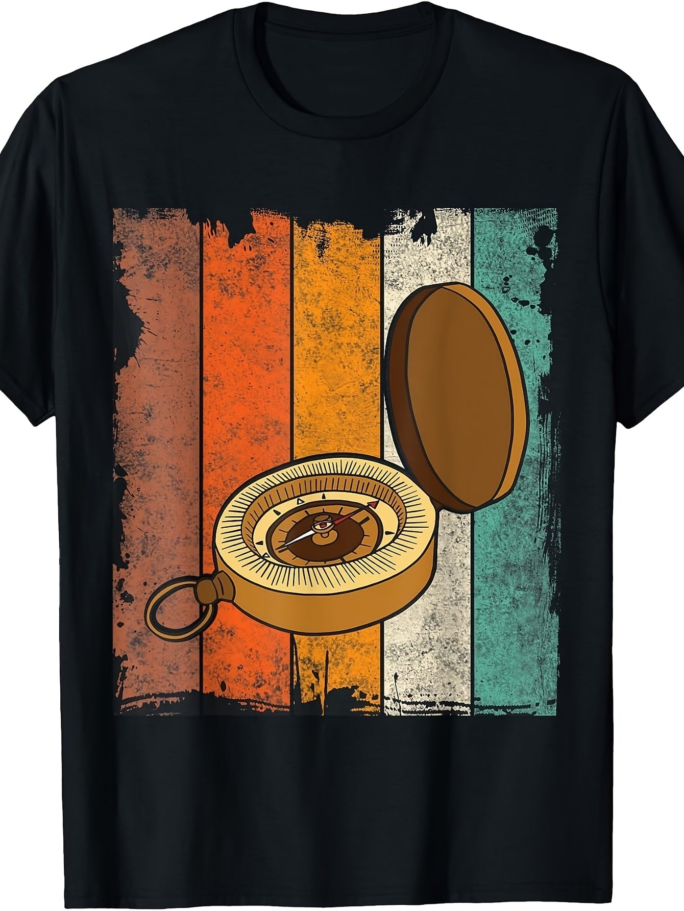Retro, Vintage Compass Stripes, T-Shirt, Distressed Graphic, Crew Neck, Casual Wear