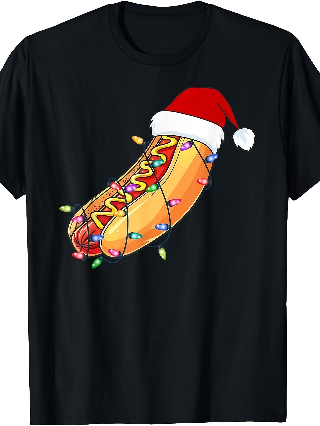 Funny Christmas Hot Dog with Santa Hat And Lights, Men'S And Women'S T-Shirt, Holiday Season Party Gift