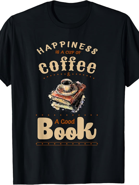 Men'S And Women'S T-Shirt, Vintage Retro Style, Happiness Is a Cup of Coffee And a Good Book Quote with Books Illustration, Casual Daily Wear Season