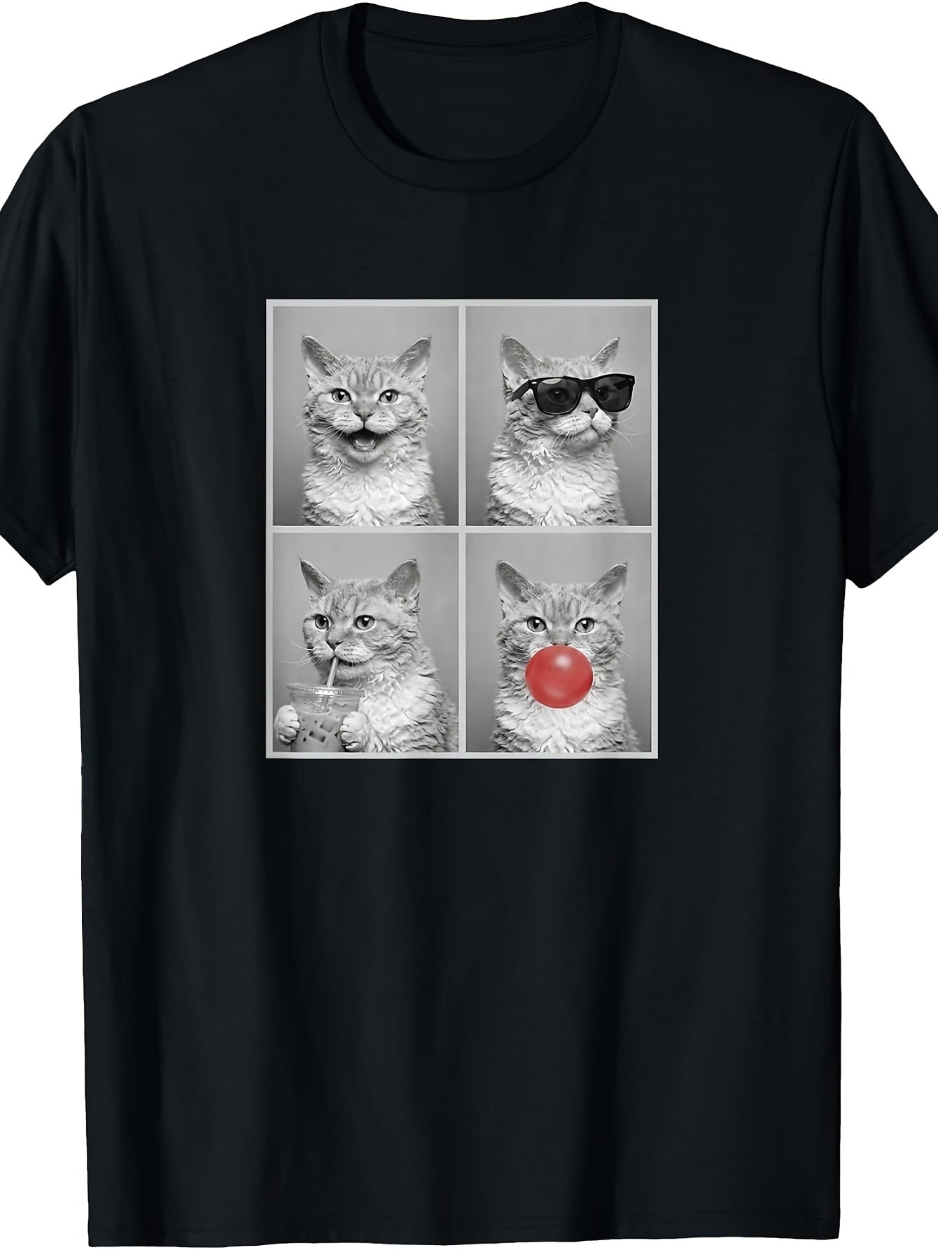 Men's & Women's Funny Cat Photo Booth T-Shirt - Retro Cool Cat with Fashion Glasses & Bubble Gum Print, Round Neck Casual Summer Wear Suitable for Parties, Photo Shoots, Everyday Outfits - Machine Washable Apparel