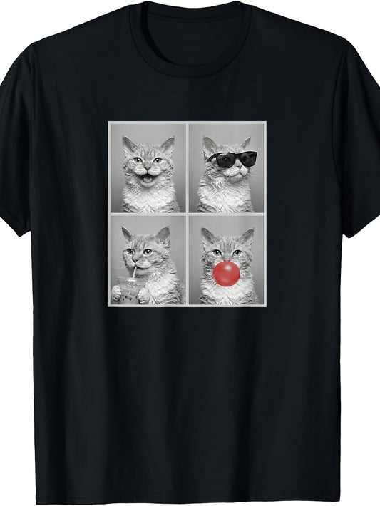 Men's & Women's Funny Cat Photo Booth T-Shirt - Retro Cool Cat with Fashion Glasses & Bubble Gum Print, Round Neck Casual Summer Wear Suitable for Parties, Photo Shoots, Everyday Outfits - Machine Washable Apparel