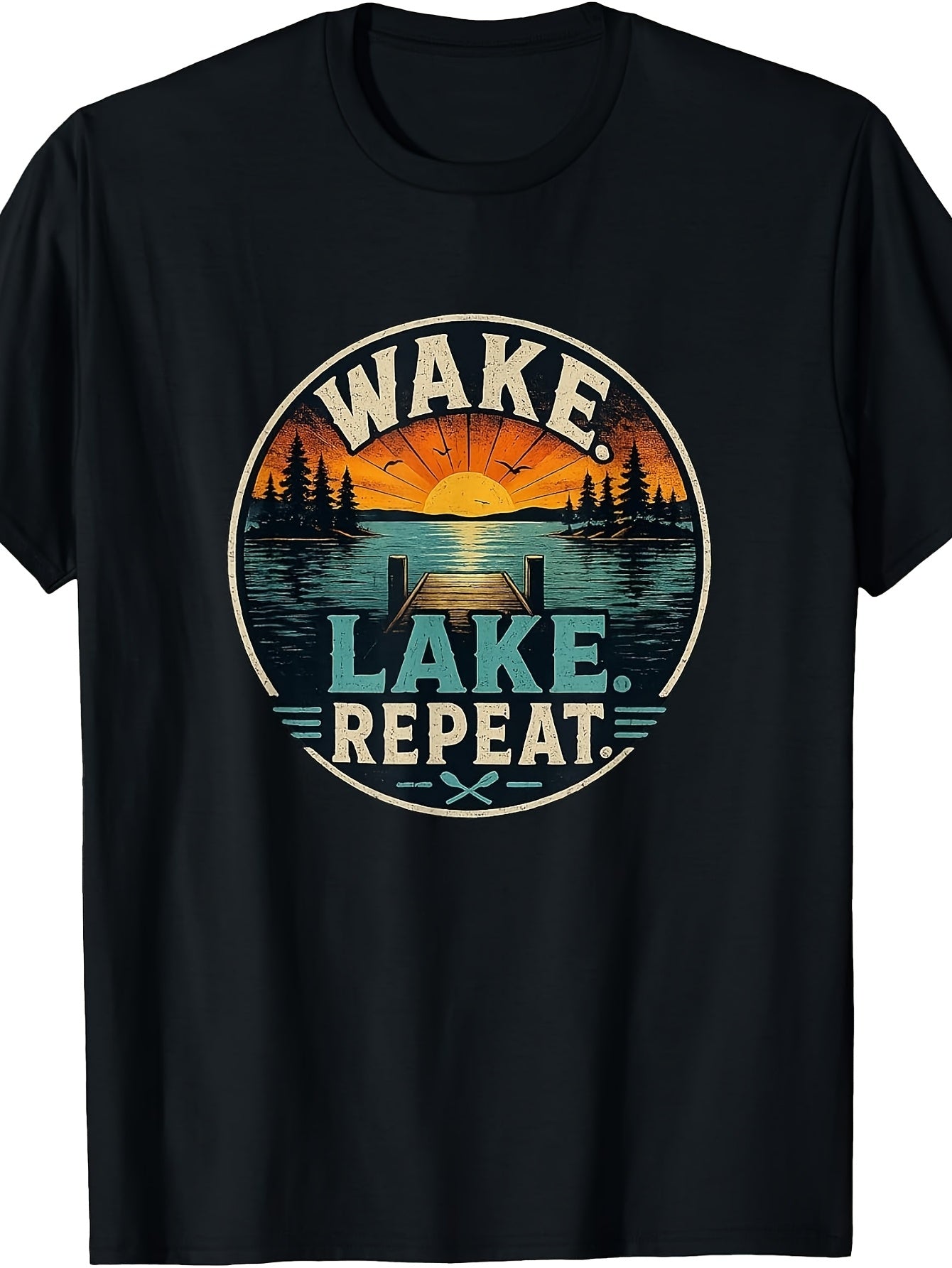 Vintage Retro Style, Men'S And Women'S T-Shirt, Wake Lake Repeat Sunset Lake Dock Paddle Design, Summer Outdoor Camping Fishing Boating Vacation