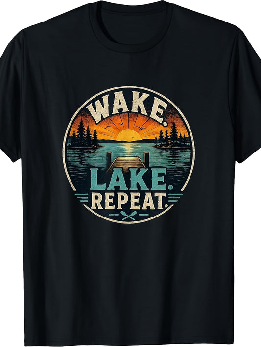 Vintage Retro Style, Men'S And Women'S T-Shirt, Wake Lake Repeat Sunset Lake Dock Paddle Design, Summer Outdoor Camping Fishing Boating Vacation