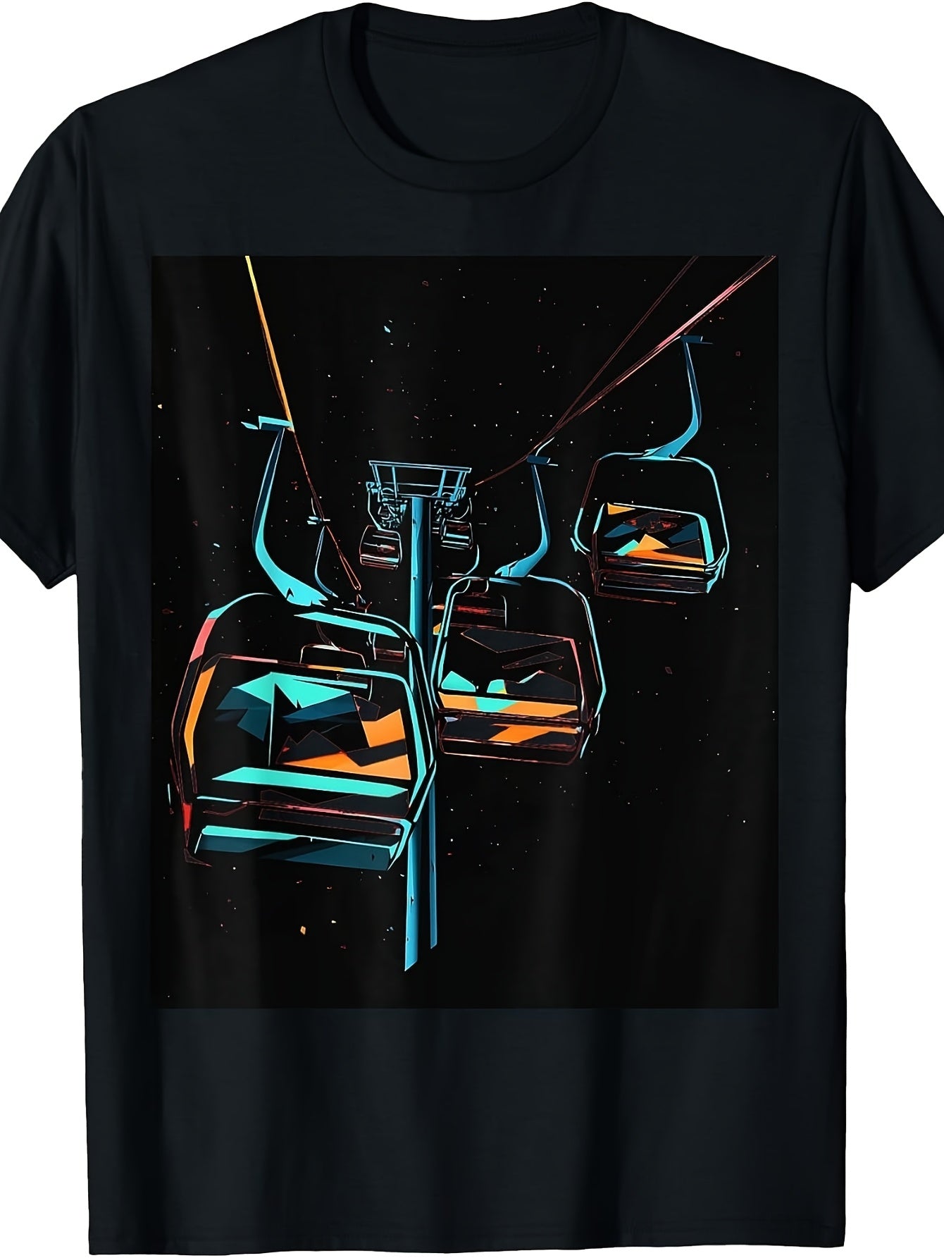Retro Futuristic, Men'S And Women'S T-Shirt, Neon Ski Lift Cable Car in Space, Sports Outdoor Activity