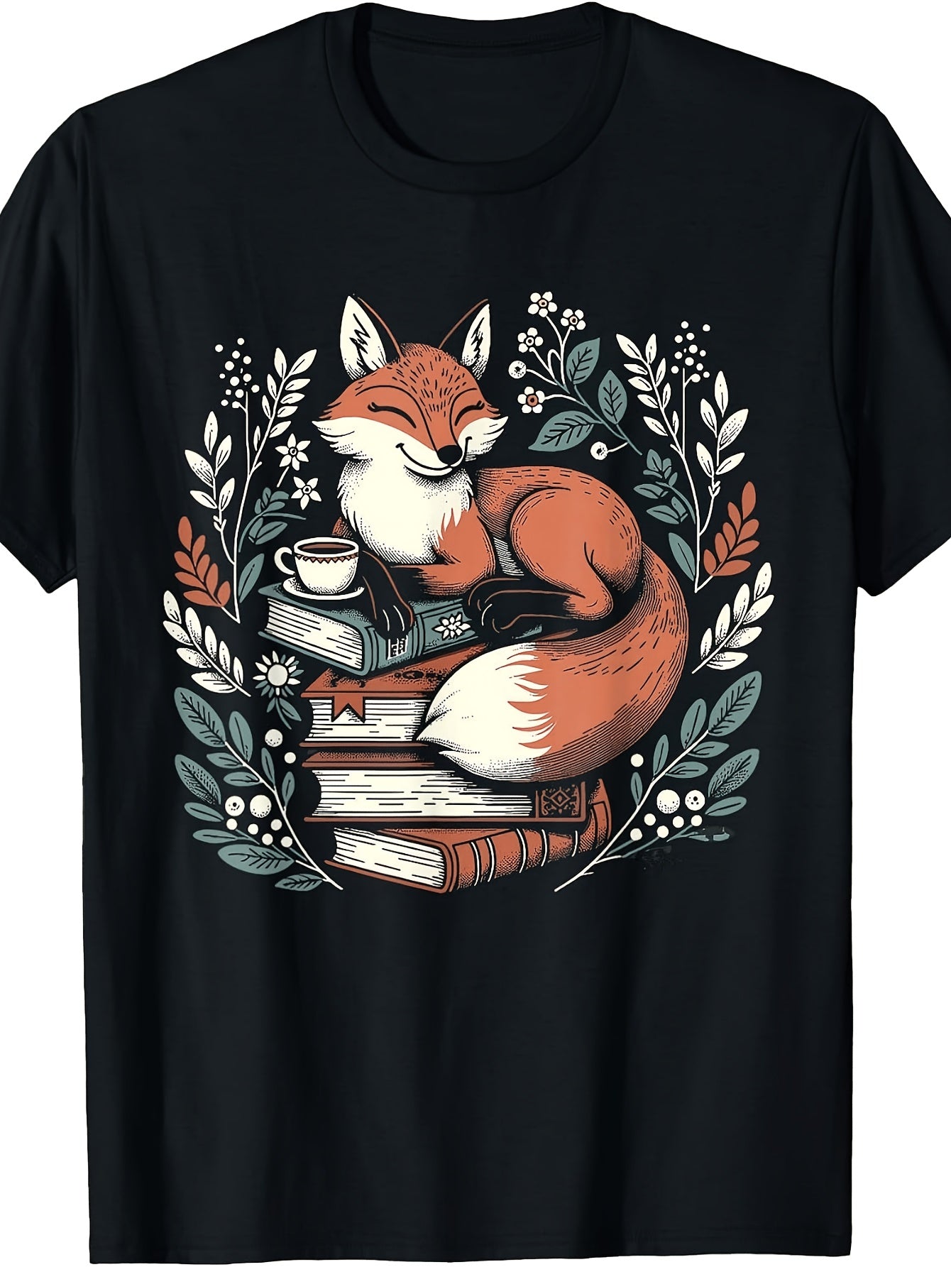 Cute Vintage Style, Men's And Women's T-Shirt, Sleeping Fox On Books with Floral Wreath And Coffee Cup, Casual Daily Wear Spring Autumn