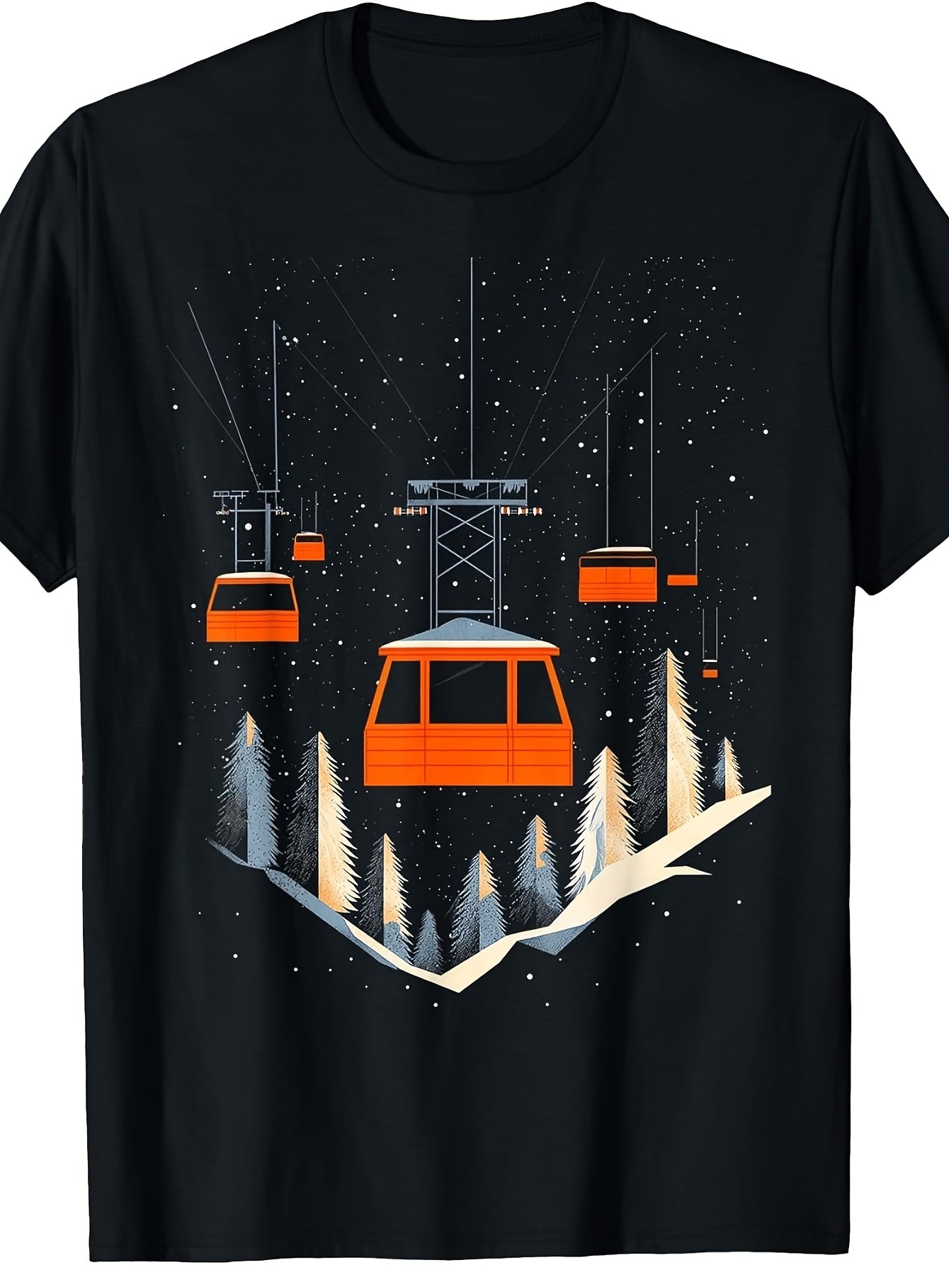 Retro Ski Resort Cable Car Night Scene, Men'S And Women'S T-Shirt, Orange Gondola Lift Snowy Pine Trees Starry Sky Graphic, Sports Vacation Apparel