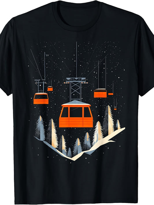 Retro Ski Resort Cable Car Night Scene, Men'S And Women'S T-Shirt, Orange Gondola Lift Snowy Pine Trees Starry Sky Graphic, Sports Vacation Apparel