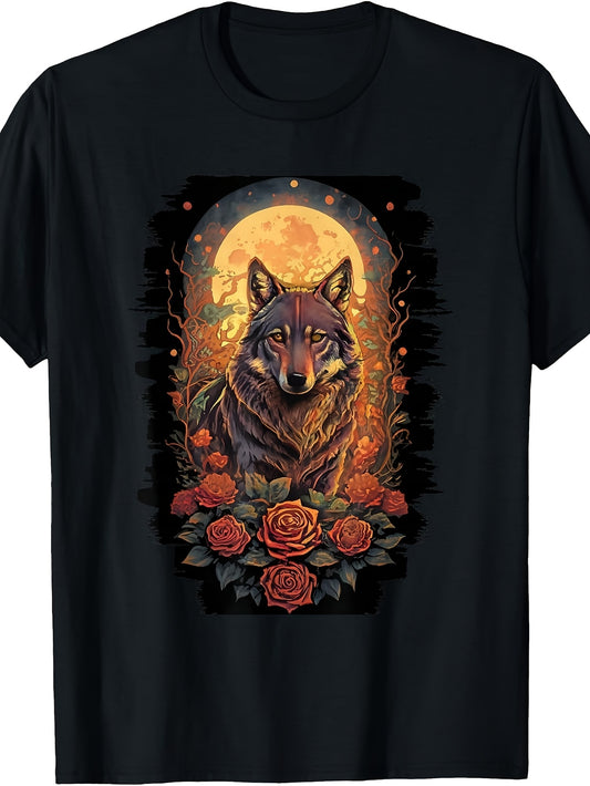 Mystical Wolf And Roses Moonlight Art, Men's And Women's T-Shirt, Fantasy Animal Floral Graphic Tee, Casual Summer Spring Outdoor Wear