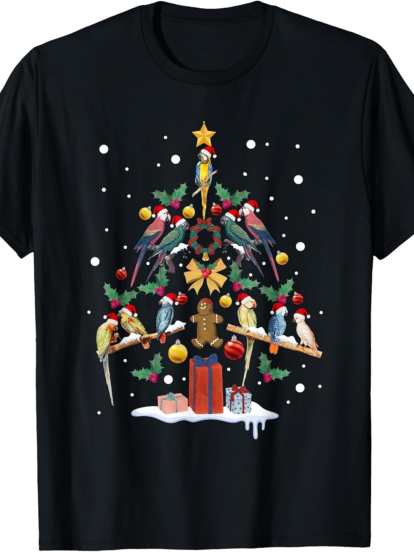 Retro Parrot T-Shirt - Vintage Christmas Tree Parrots & Bird Design Crew Neck Tee, Suitable for Year-Round Wear, Machine Washable Casual Gift for Bird Lovers, Holiday Apparel for