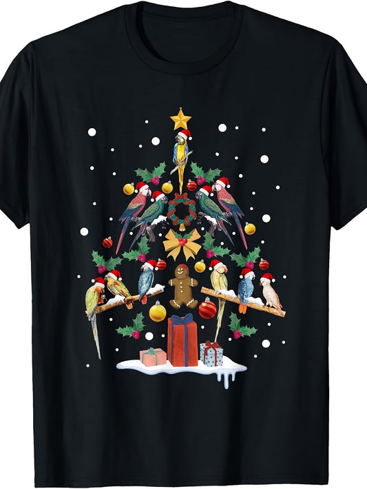 Retro Parrot T-Shirt - Vintage Christmas Tree Parrots & Bird Design Crew Neck Tee, Suitable for Year-Round Wear, Machine Washable Casual Gift for Bird Lovers, Holiday Apparel for