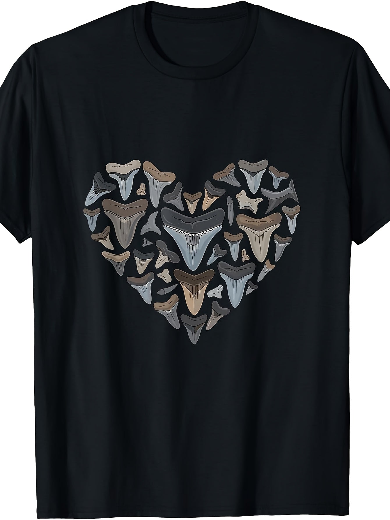 Men's & Women's Shark Teeth Heart T-Shirt - Retro Shark Tooth Graphic Round Neck Tee, Machine Washable Casual Summer Wear Suitable for, Shark Design for Everyday Outfits
