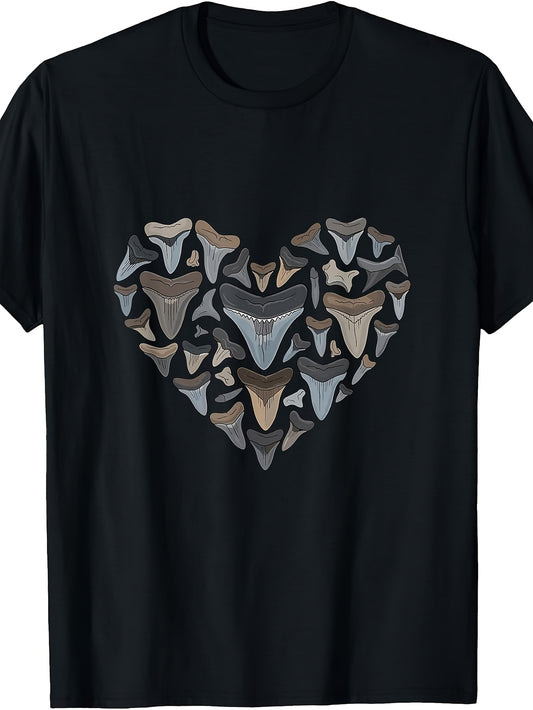 Men's & Women's Shark Teeth Heart T-Shirt - Retro Shark Tooth Graphic Round Neck Tee, Machine Washable Casual Summer Wear Suitable for, Shark Design for Everyday Outfits
