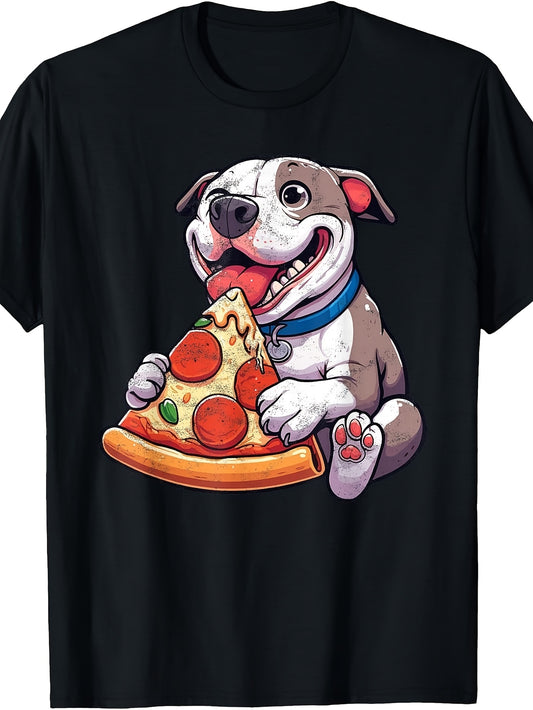 Men's & Women's Retro Pizza Slice T-Shirt - Cute Dog Eating Pizza Design, Round Neck Casual Tee Suitable for -Season Wear, Machine Washable Apparel with Pizza-Themed Graphic