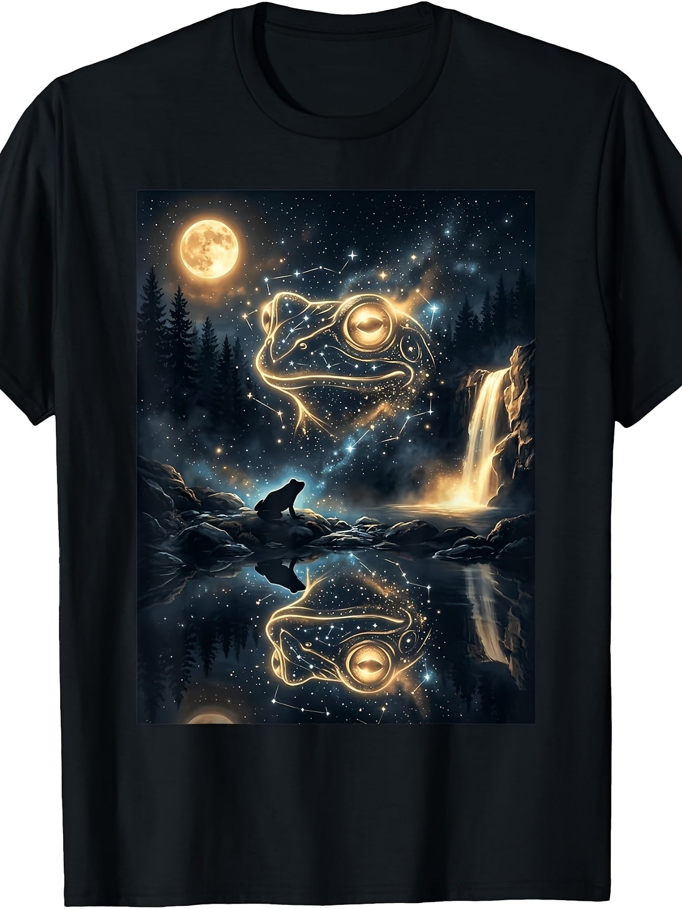 Mystic Celestial Frog Constellation T-Shirt, Glowing Night Sky Print, Crew Neck, Casual Wear