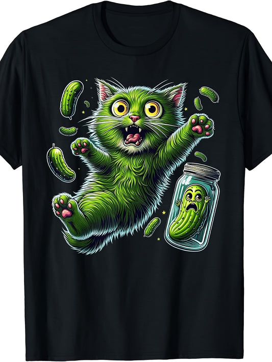 Men's & Women's Funny Green Cat Scared of Pickles T-Shirt - Retro Anime Suitable for - Casual Wear, Machine Washable Round Neck Tee with Floating Cucumber Jar Graphic, Kitten for Themed Outfits