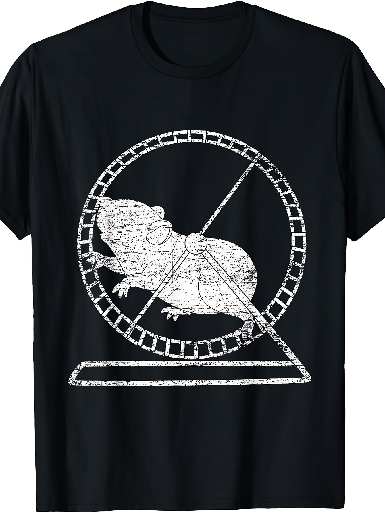 Funny, Hamster Wheel Graphic, T-Shirt, Distressed White Print, Crew Neck, Casual Wear