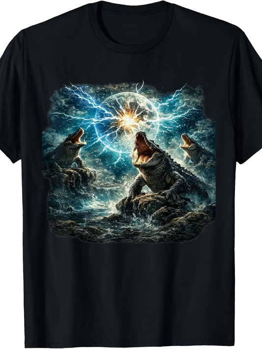 Men's & Women's Retro Stormy Sea Crocodile Lightning T-Shirt - Round Neck Casual Tee with Roaring Crocodiles & Lightning Sphere Graphic, Machine Washable Suitable for - Wear, Apparel for Themed Events and Everyday Outfits