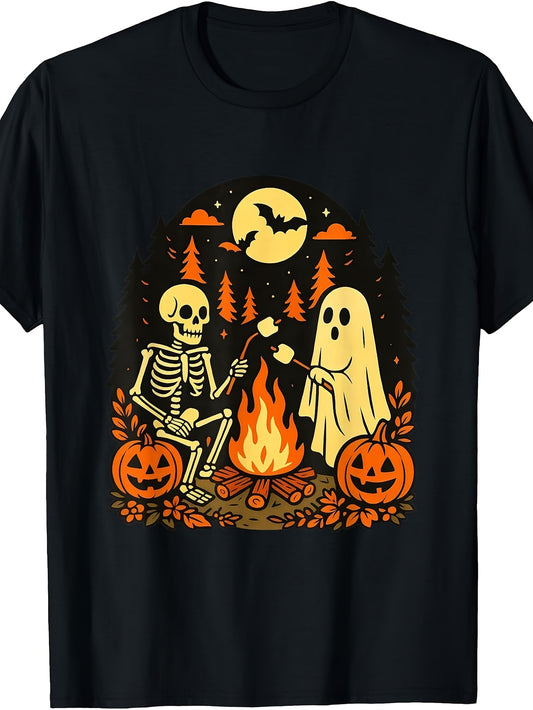 Vintage Spooky Skeleton & Campfire T-Shirt - Retro Suitable for, Machine Washable Round Neck Tee with Campfire for Casual Wear & Themed Parties, Apparel for Year-Round Outfits