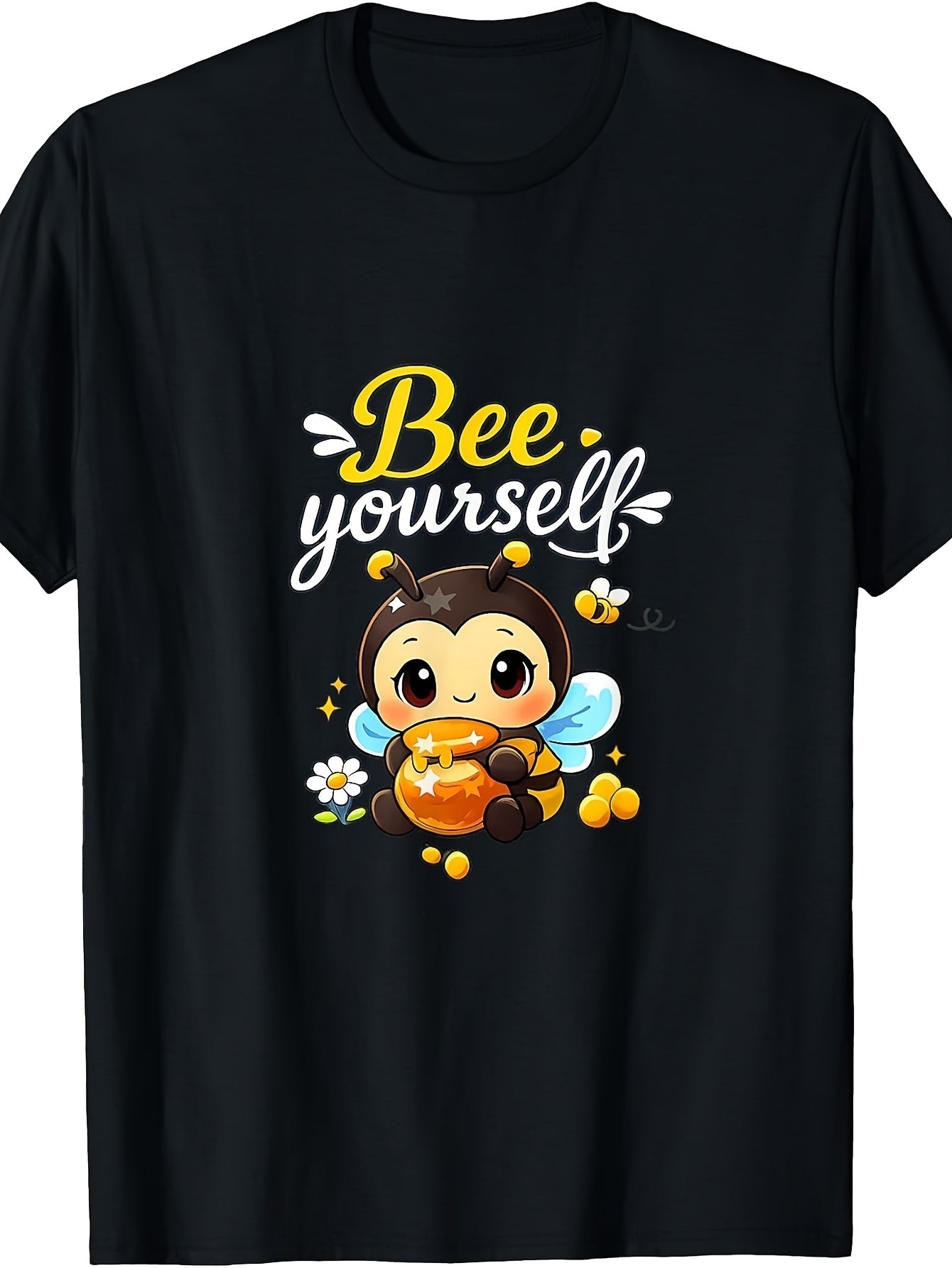 Men's & Women's Retro Bee & Honey Pot T-Shirt - Funny Bee Yourself Graphic, Bee-Themed Casual Round Neck Tee Suitable for - Wear, Machine Washable Apparel for Daily Outfits and Themed Events