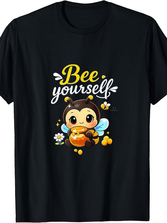 Men's & Women's Retro Bee & Honey Pot T-Shirt - Funny Bee Yourself Graphic, Bee-Themed Casual Round Neck Tee Suitable for - Wear, Machine Washable Apparel for Daily Outfits and Themed Events