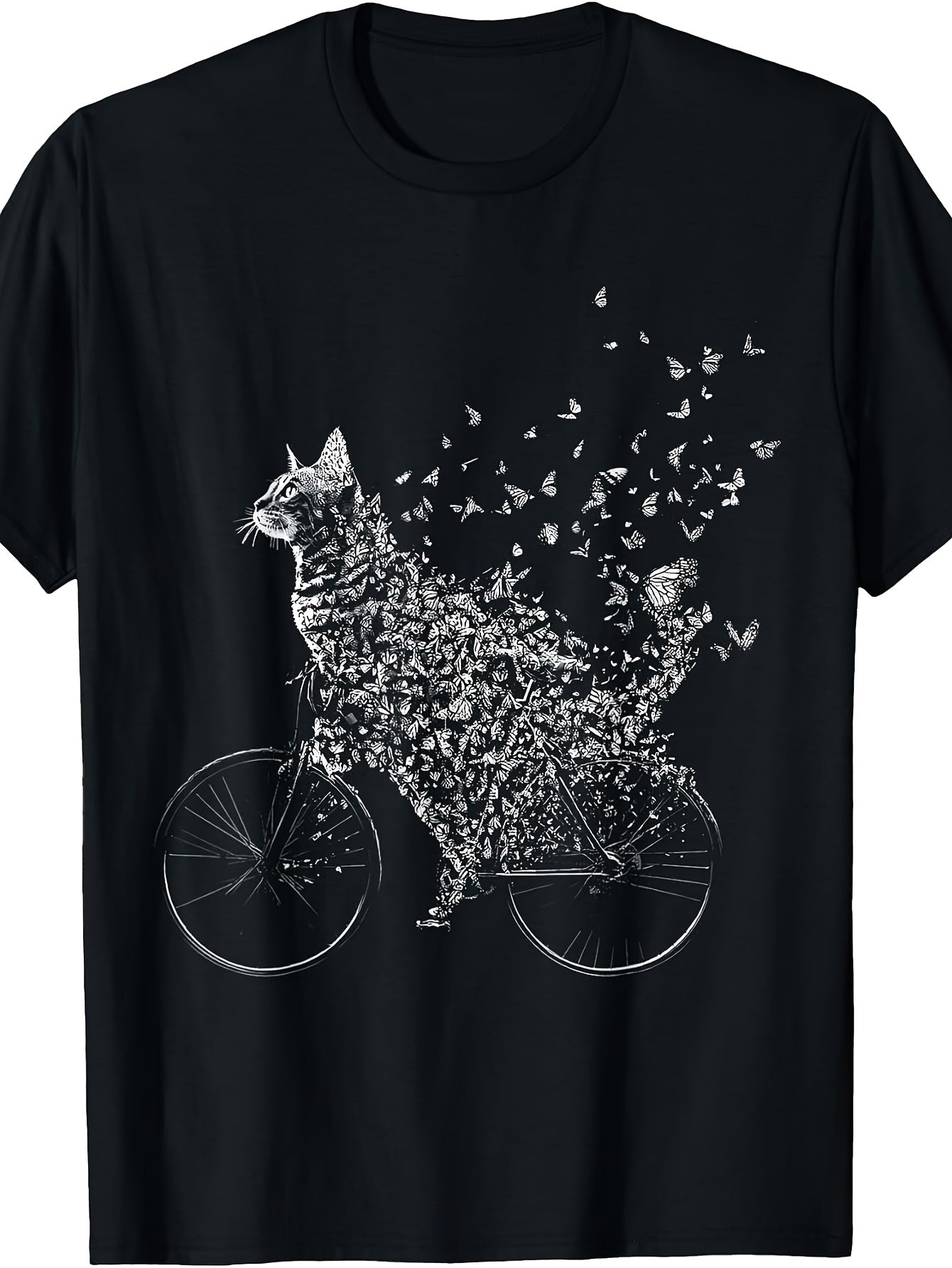 Retro Bengal Cat Mom T-Shirt - Vintage Bicycle & Butterfly Print Round Neck Tee, Suitable for - Casual Wear, Machine Washable Apparel with Bengal Cat Design