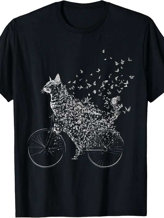 Retro Bengal Cat Mom T-Shirt - Vintage Bicycle & Butterfly Print Round Neck Tee, Suitable for - Casual Wear, Machine Washable Apparel with Bengal Cat Design