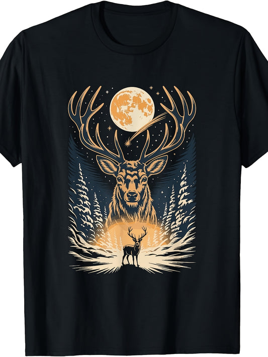 Men's & Women's Mystical Deer and Moon T-Shirt - Retro Forest Wildlife Round Neck Tee, Suitable for Outdoor Camping Hiking Fall Winter Wear, Machine Washable Deer & Moon Graphic Design for Casual and Seasonal Apparel
