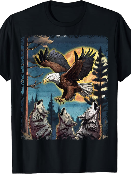 Three Wolves Howling Moon American Bald Eagle Nature Print T-Shirt